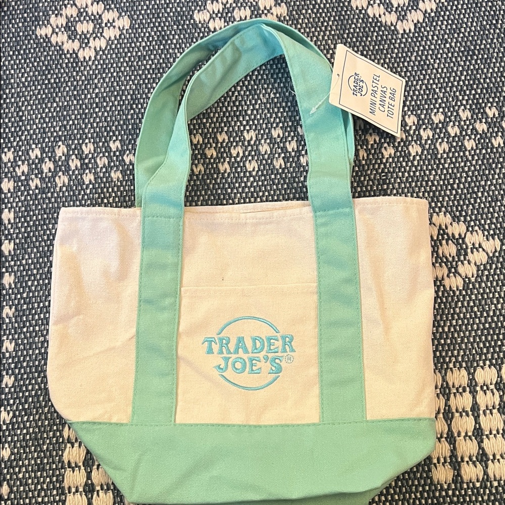 Trade Joes Mini Pastel Canvas Green and White Tote Bag